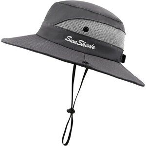 Unisex Gray Polyester Wide Brim Mesh Vent With Chin Strap Classic Cowboy Hat